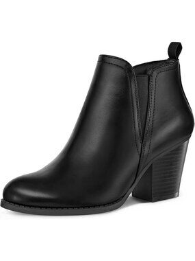 Women's Black Pu Polyurethane V-Cut Chunky Heel Side Zip & Elastic Panel Boots